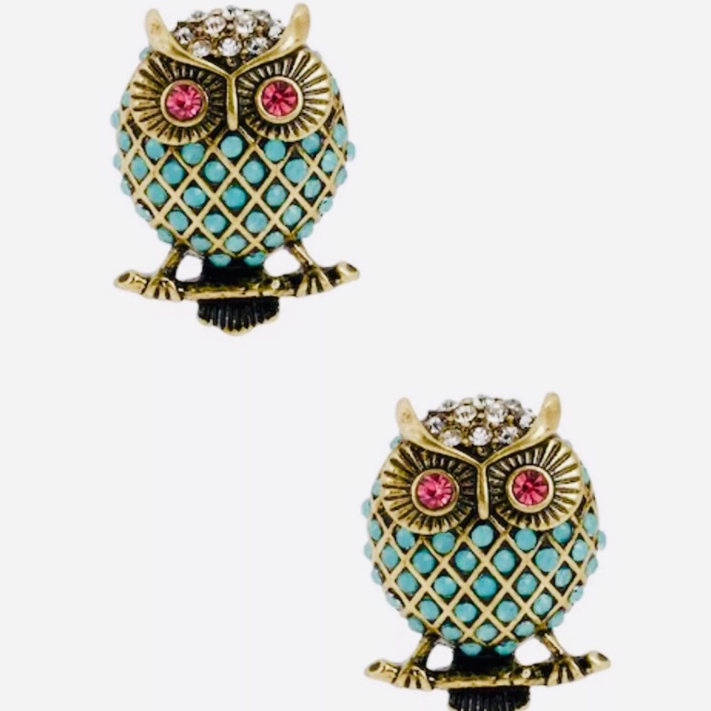🦉VINTAGE BLUE RHINESTONE OWL STUD EARRINGS !💙